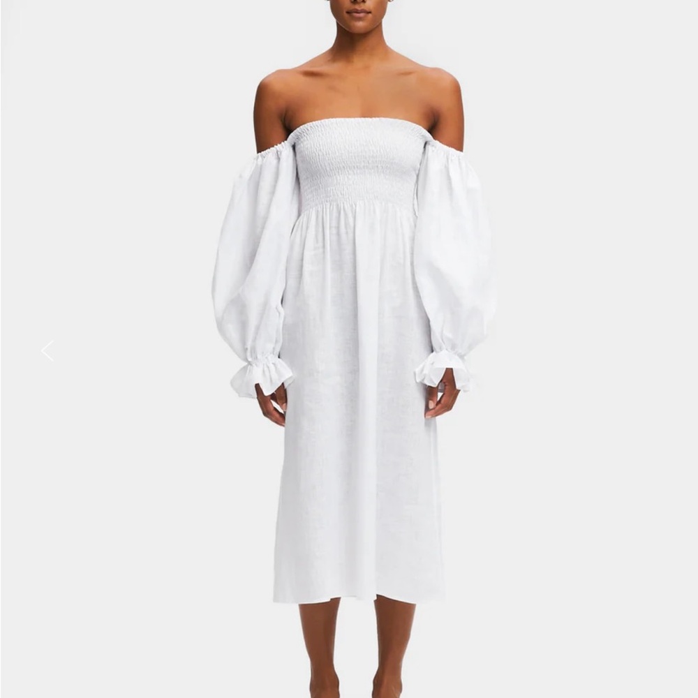 Sleeper Atlanta Dress  White Off-Shoulder linen